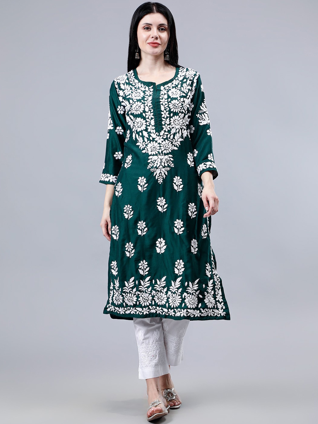 

Seva Chikan Ethnic Motifs Embroidered Lucknowi Chikankari Straight Kurta, Green