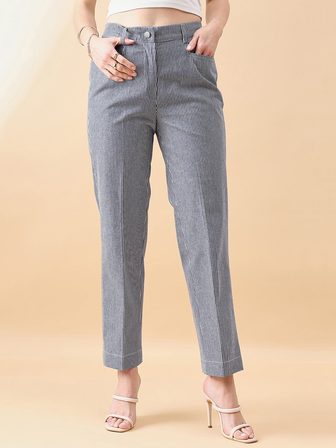 

PowerSutra Women Striped Relaxed Straight Leg Cotton Straight Fit Trouser, Navy blue