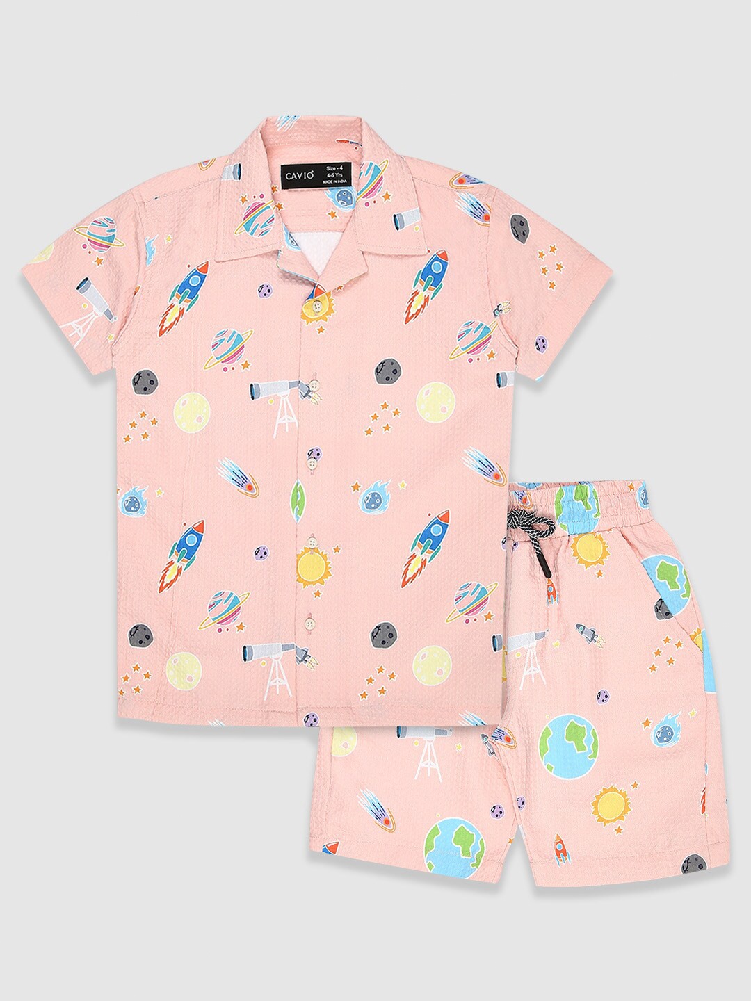 

CAVIO Boys Printed Half Sleeve Shirt With Short, Peach