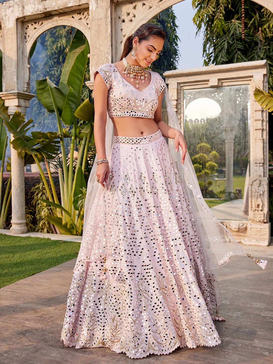 

Mehak Murpana Embroidered Mirror Work Ready to Wear Lehenga & Blouse With Dupatta, Pink