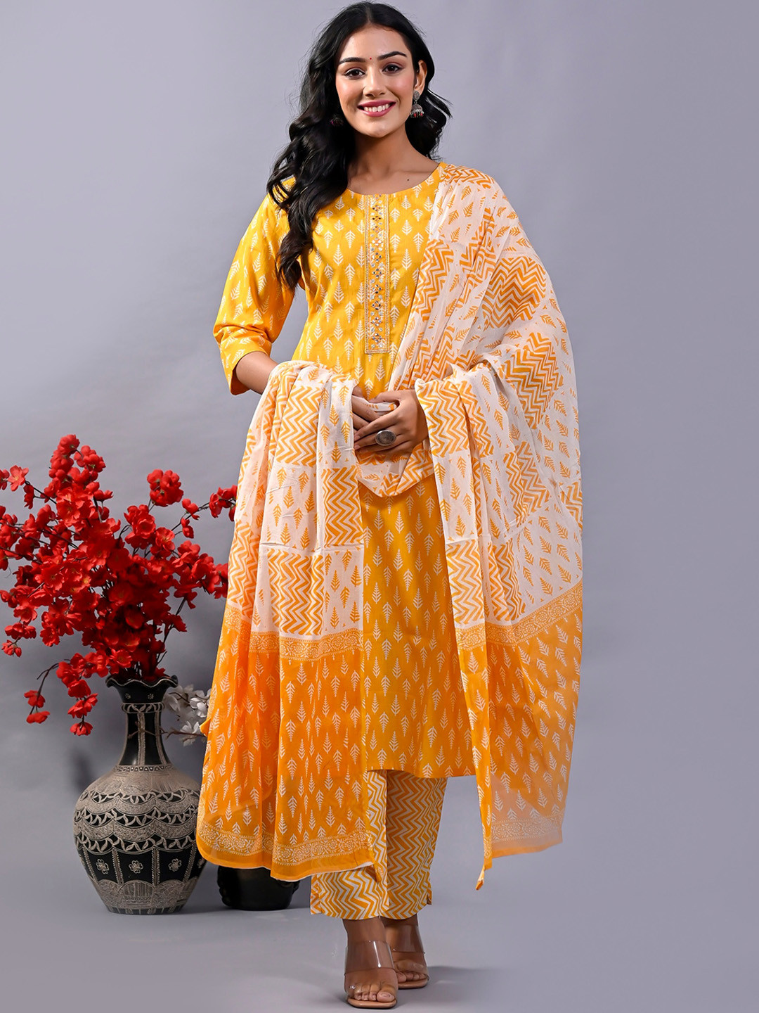 

INDYES Ethnic Motifs Mirror Work Pure Cotton Straight Kurta with Trousers & Dupatta, Yellow