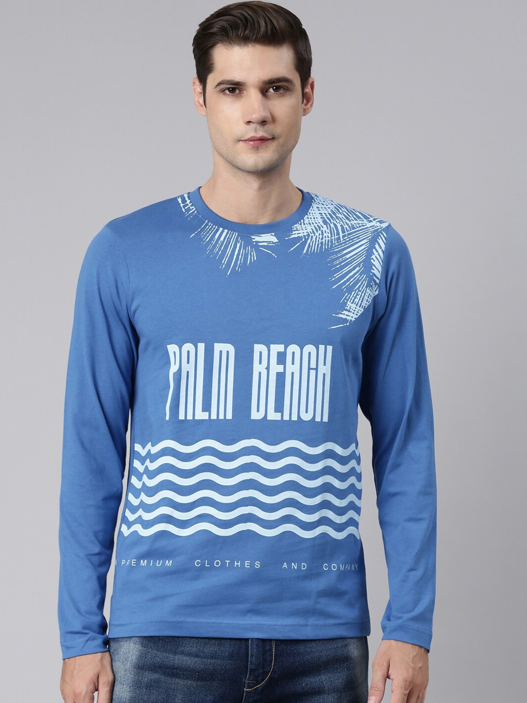 

Chennis Typography Printed Long Sleeves Slim Fit Cotton T-shirt, Blue