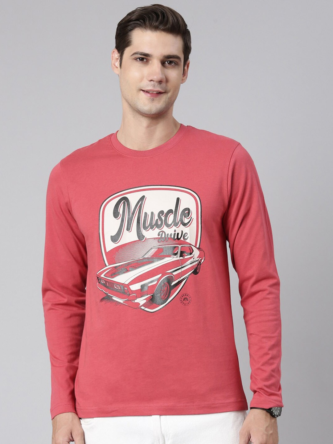 Chennis Typography Printed Long Sleeves Slim Fit Cotton T-shirt, Red