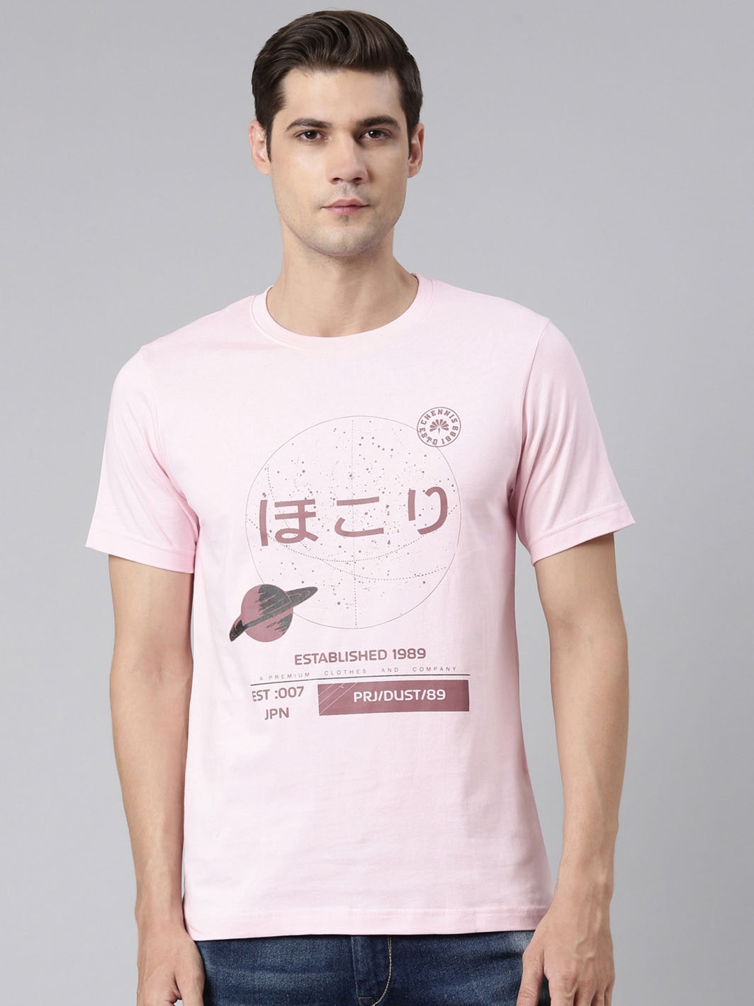 Chennis Pink Typography Printed Cotton Round Neck Short Sleeves Applique Slim Fit T-shirt