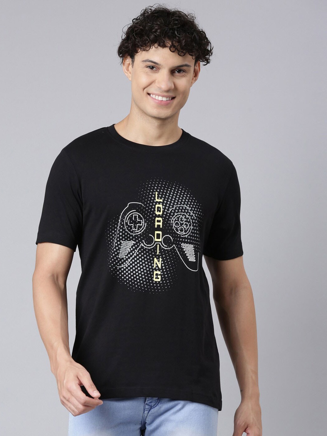 

Chennis Graphic Printed Round Neck Slim Fit Cotton T-shirt, Black