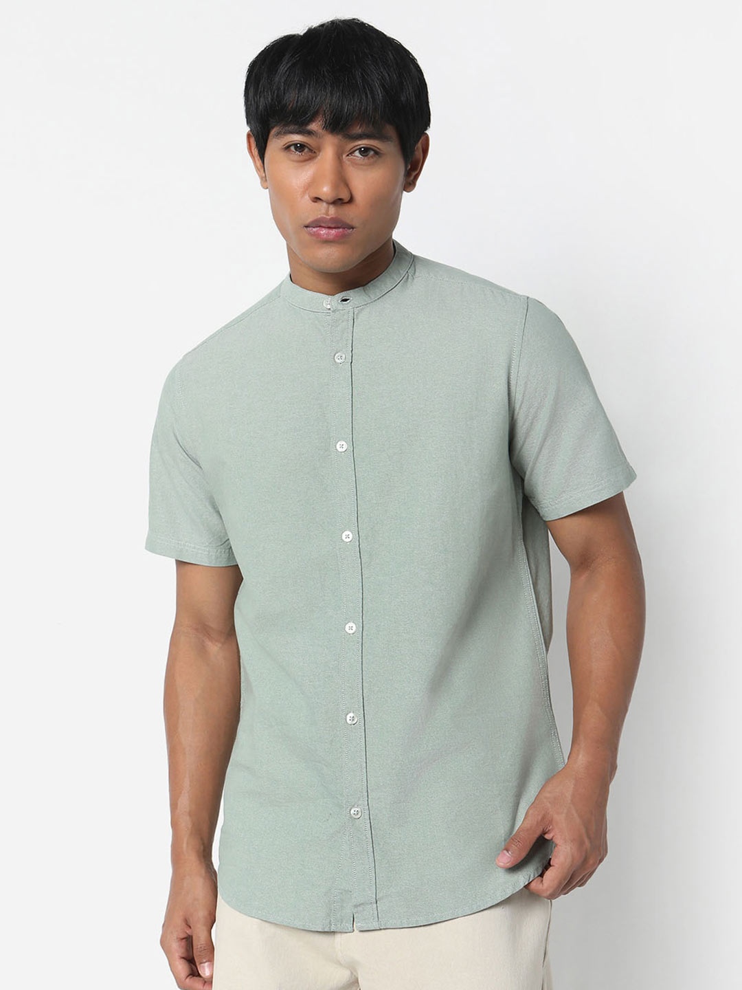 

R&B Mandarin Collar Cotton Shirt, Green