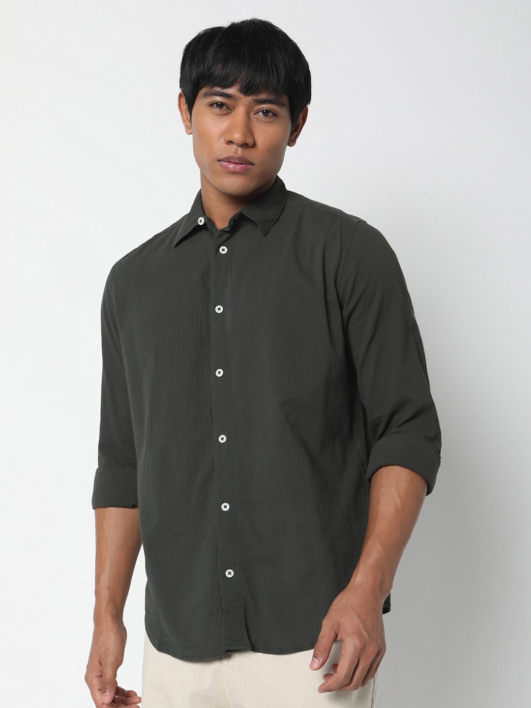 

R&B Spread Collar Cotton Shirt, Olive