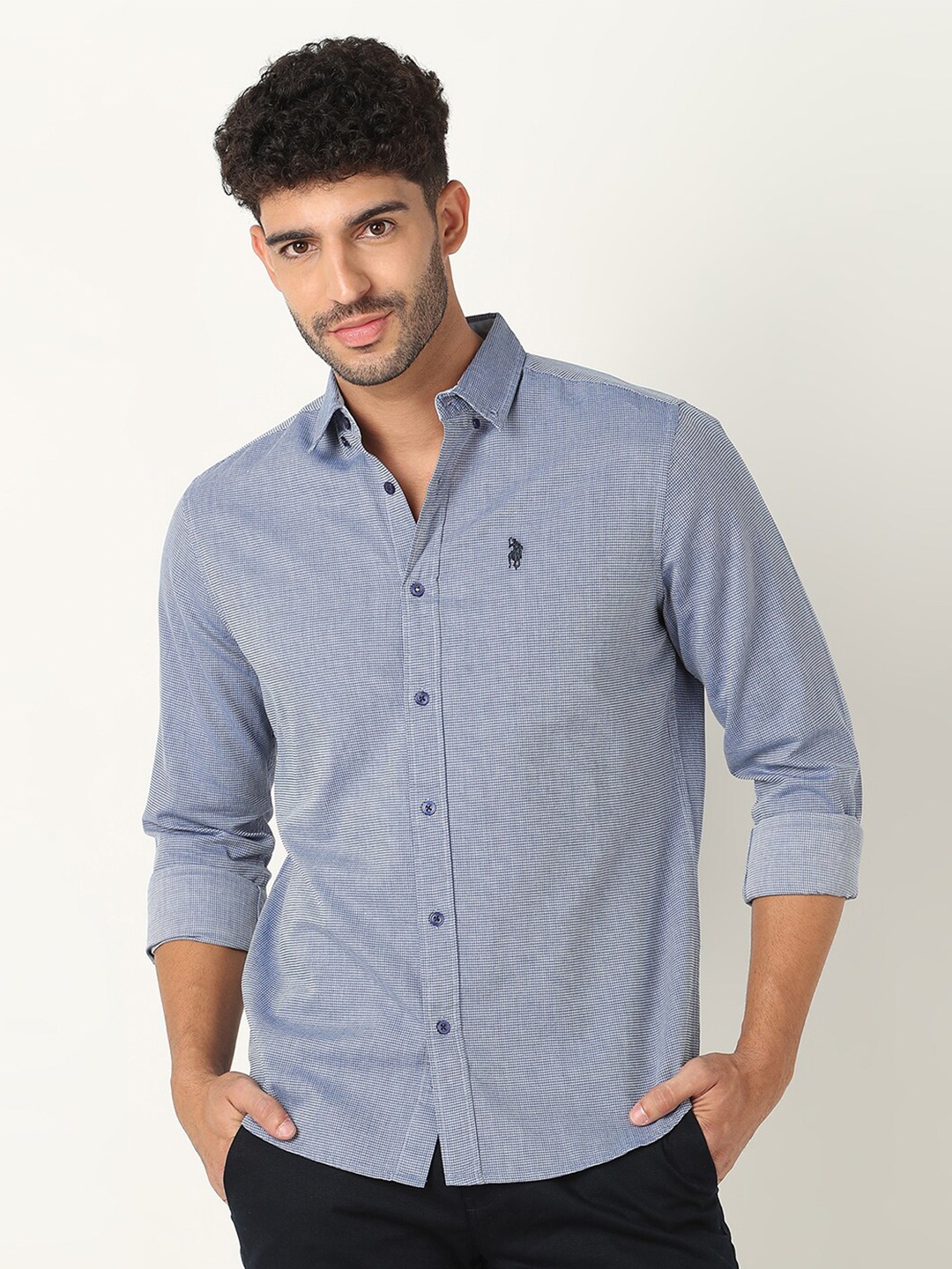 

R&B Slim Fit Self Design Spread Collar Cotton Shirt, Blue