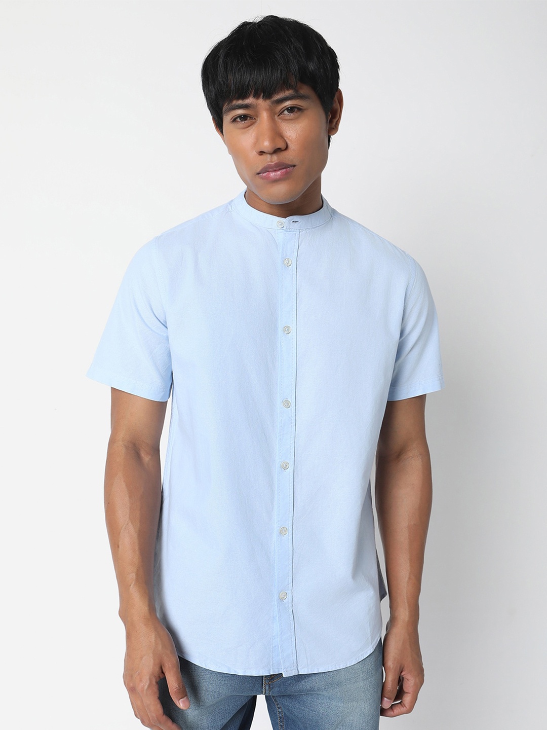 

R&B Mandarin Collar Cotton Shirt, Blue