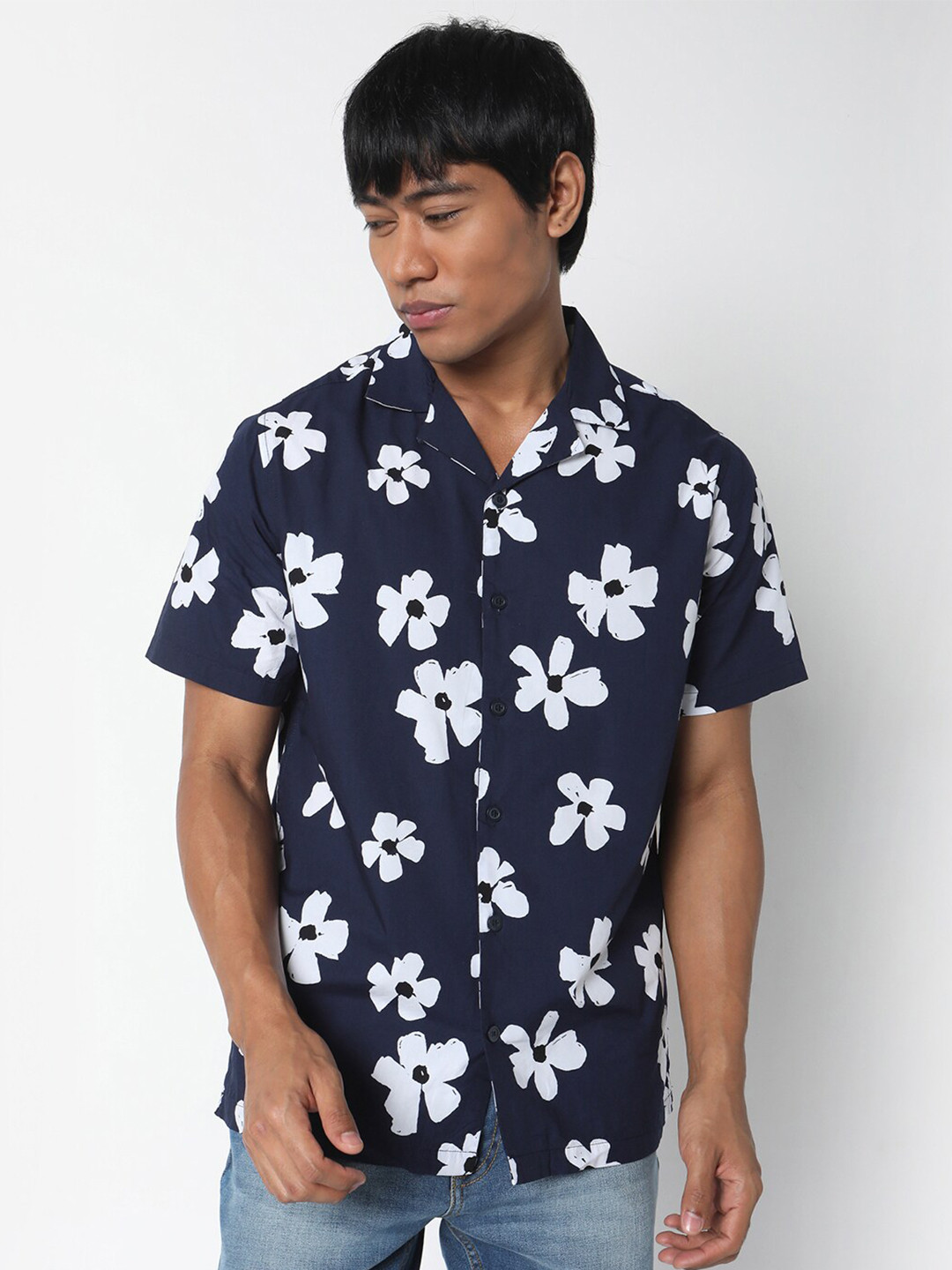 

R&B Floral Printed Cuban Collar Cotton Shirt, Blue