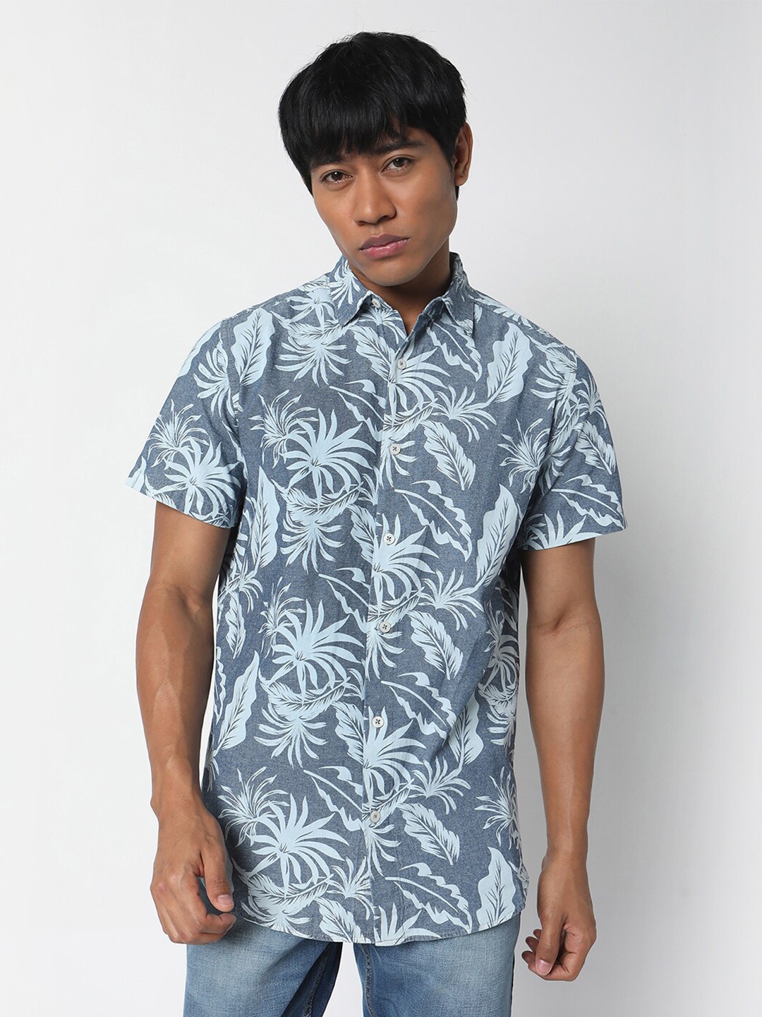 

R&B Floral Printed Cotton Spread Collar Shirt, Blue