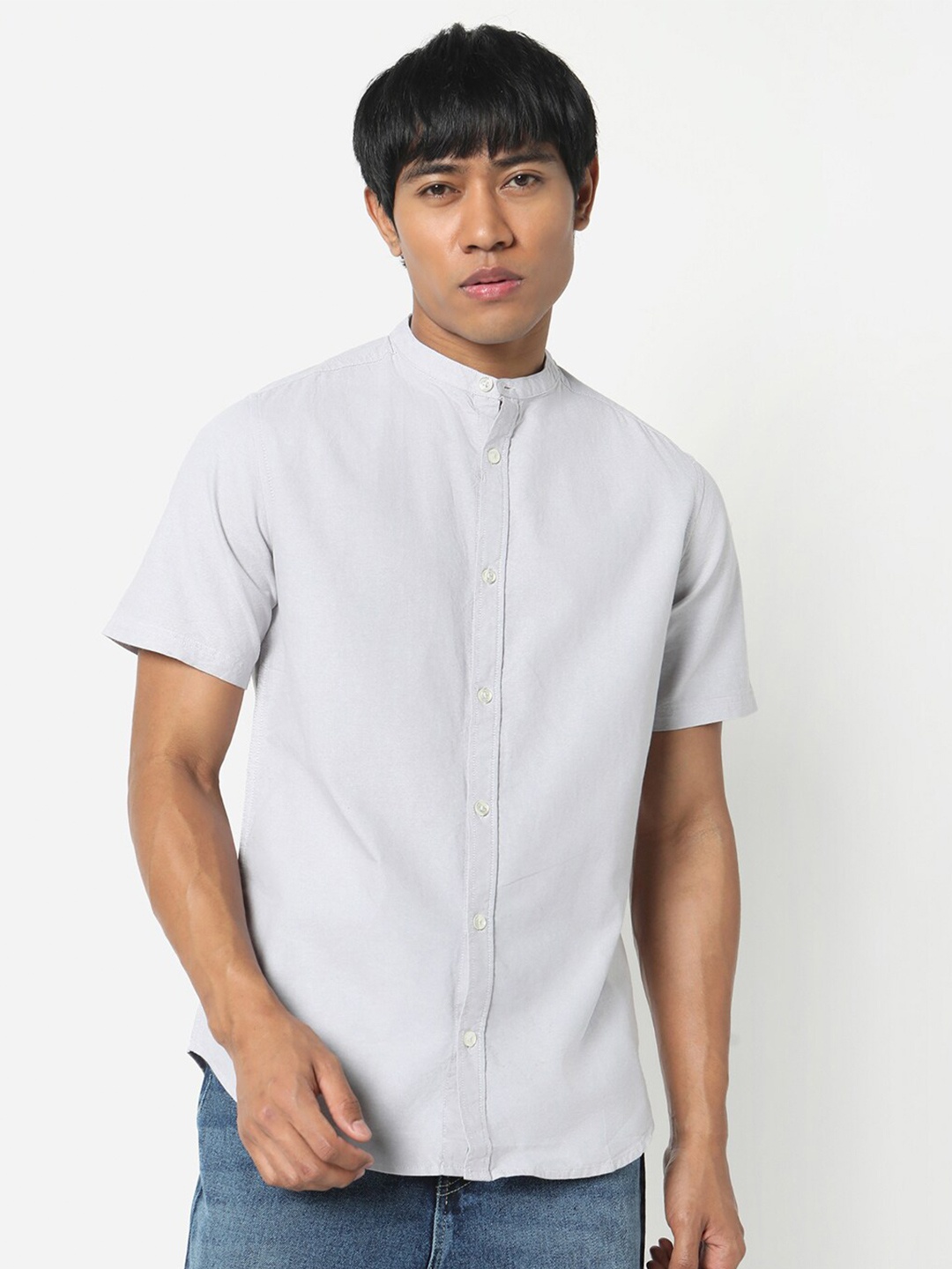 

R&B Mandarin Collar Cotton Shirt, Grey