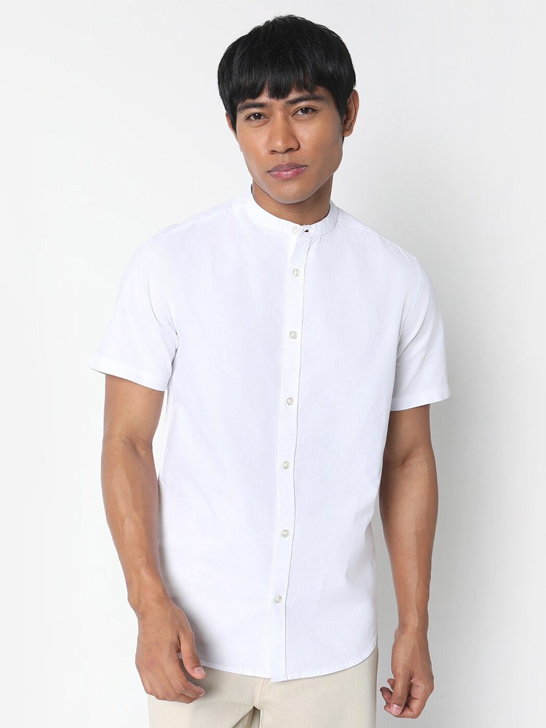 

R&B Mandarin Collar Cotton Shirt, White