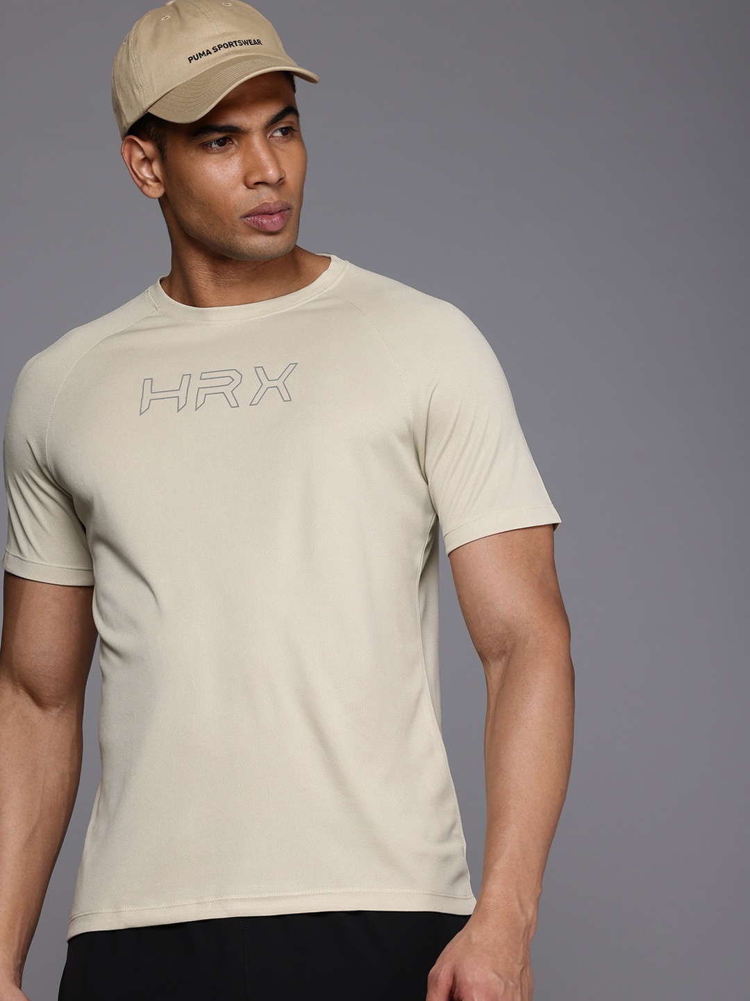 

HRX by Hrithik Roshan Printed Raid-Dry Antimicrobial Finish Running T-shirt, Beige