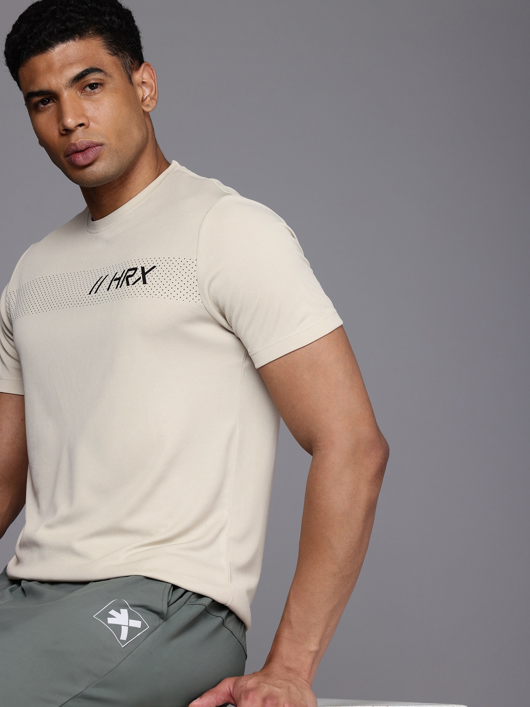 

HRX by Hrithik Roshan Printed Rapid-Dry Anti-Microbial Finish Running T-shirt, Beige