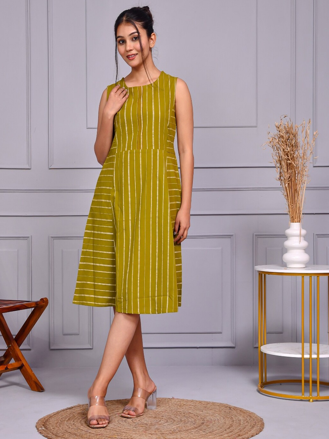 

Aspriya Striped Sleeveless A-Line Dress, Khaki