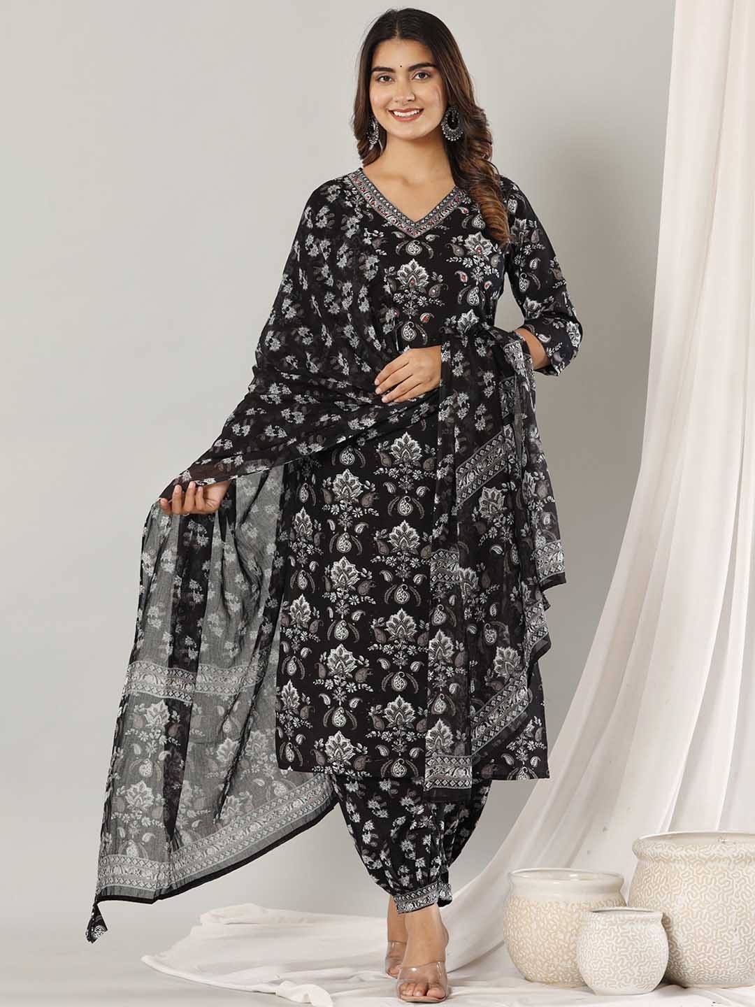 

KALINI Floral Printed V-Neck Sequinned Pure Cotton Kurta with Salwar & Dupatta, Black