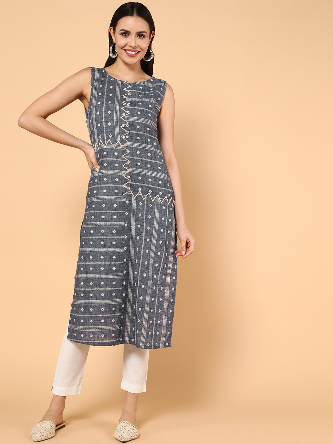

KALINI Woven Design Cotton Thread Work Straight Kurta, Grey