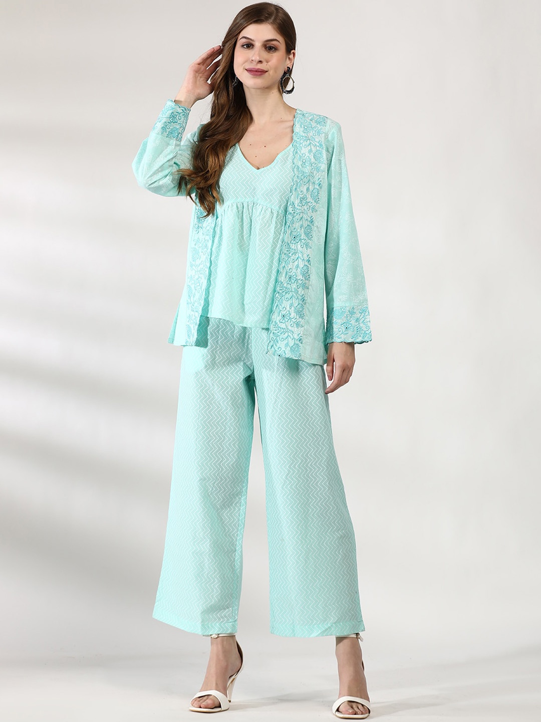 

Anouk Chevron Printed Pure Cotton Top & Palazzos with Jacket Co-Ords, Turquoise blue