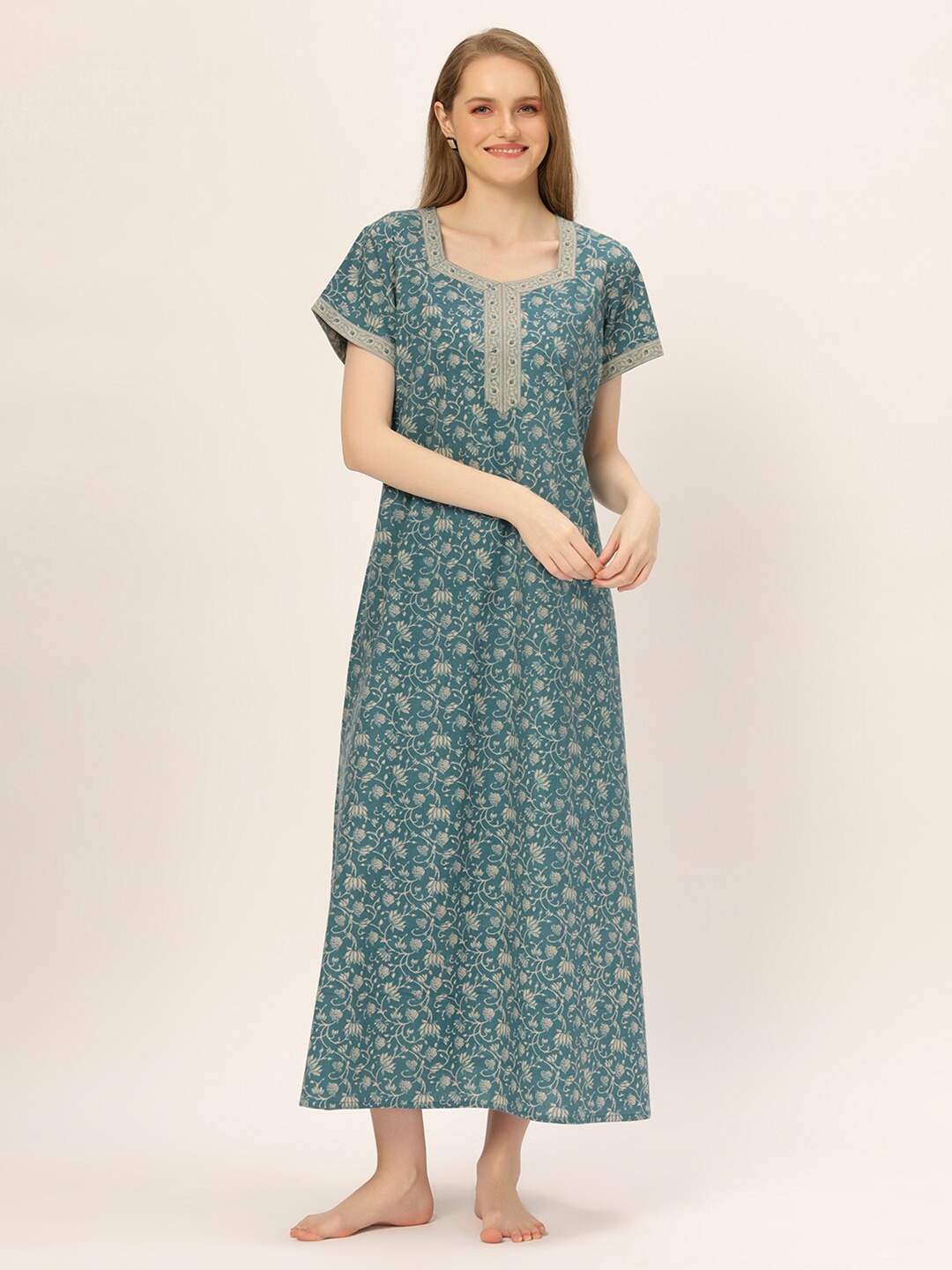 

ETC Printed Pure Cotton Maxi Nightdress, Green