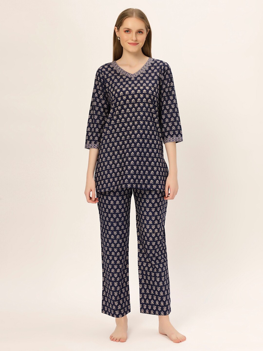 

ETC Ethnic Motifs Printed Cotton Night suit, Navy blue