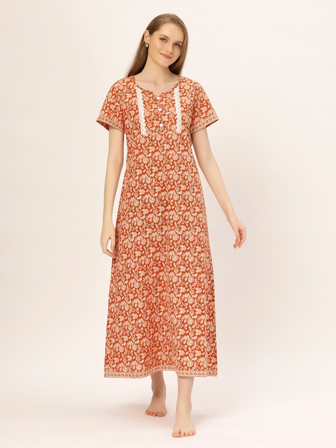 

ETC Printed Pure Cotton Maxi Nightdress, Rust