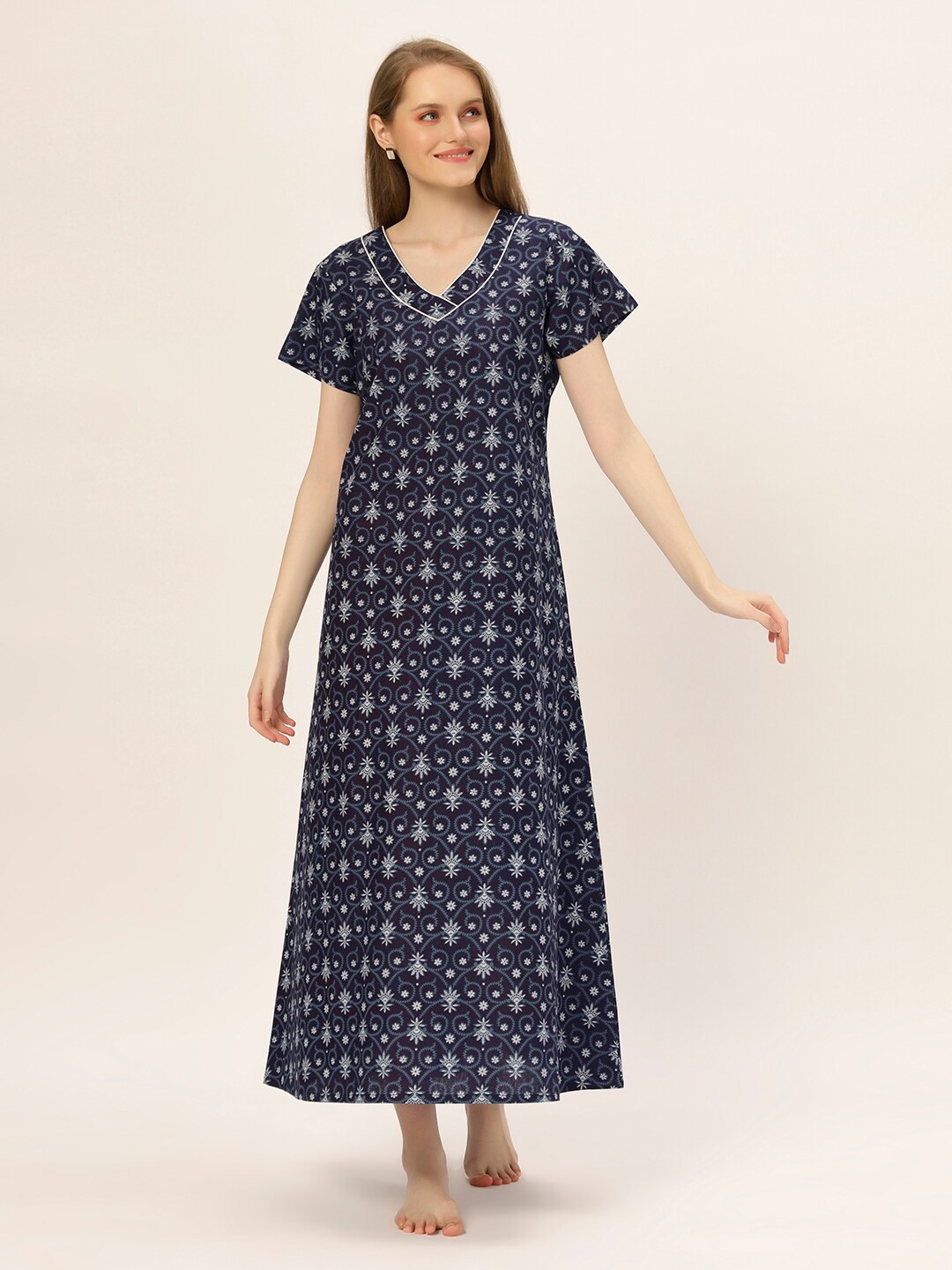 

ETC Printed Pure Cotton Maxi Nightdress, Blue