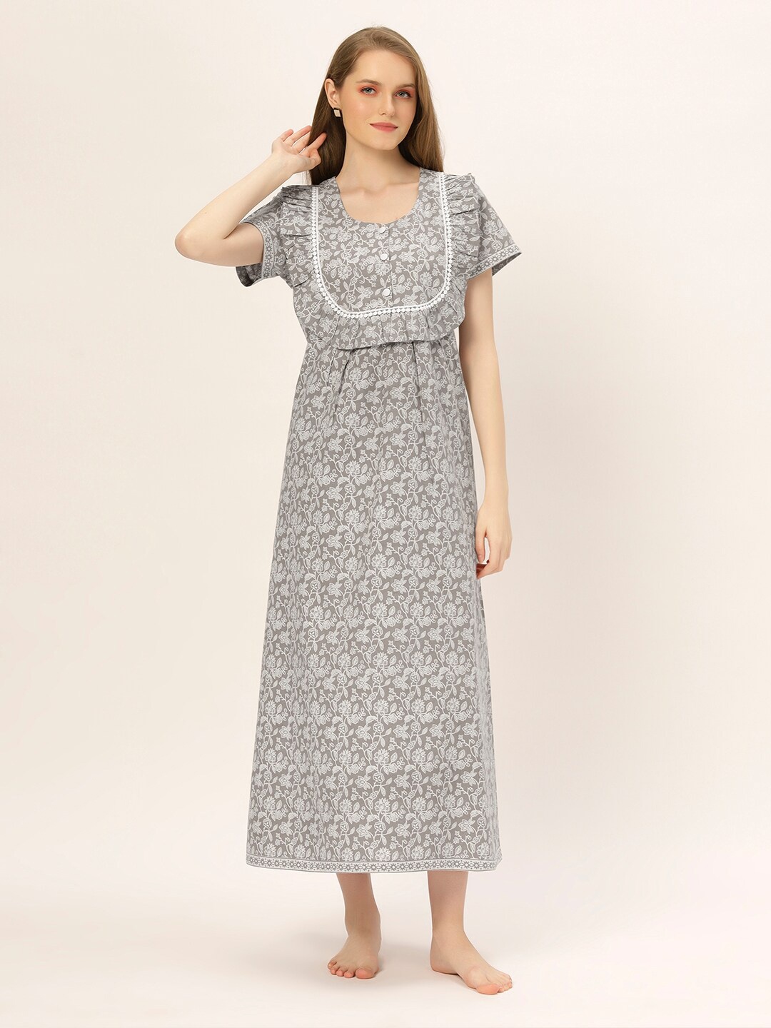 

ETC Floral Printed Pure Cotton Maxi Nightdress, Grey