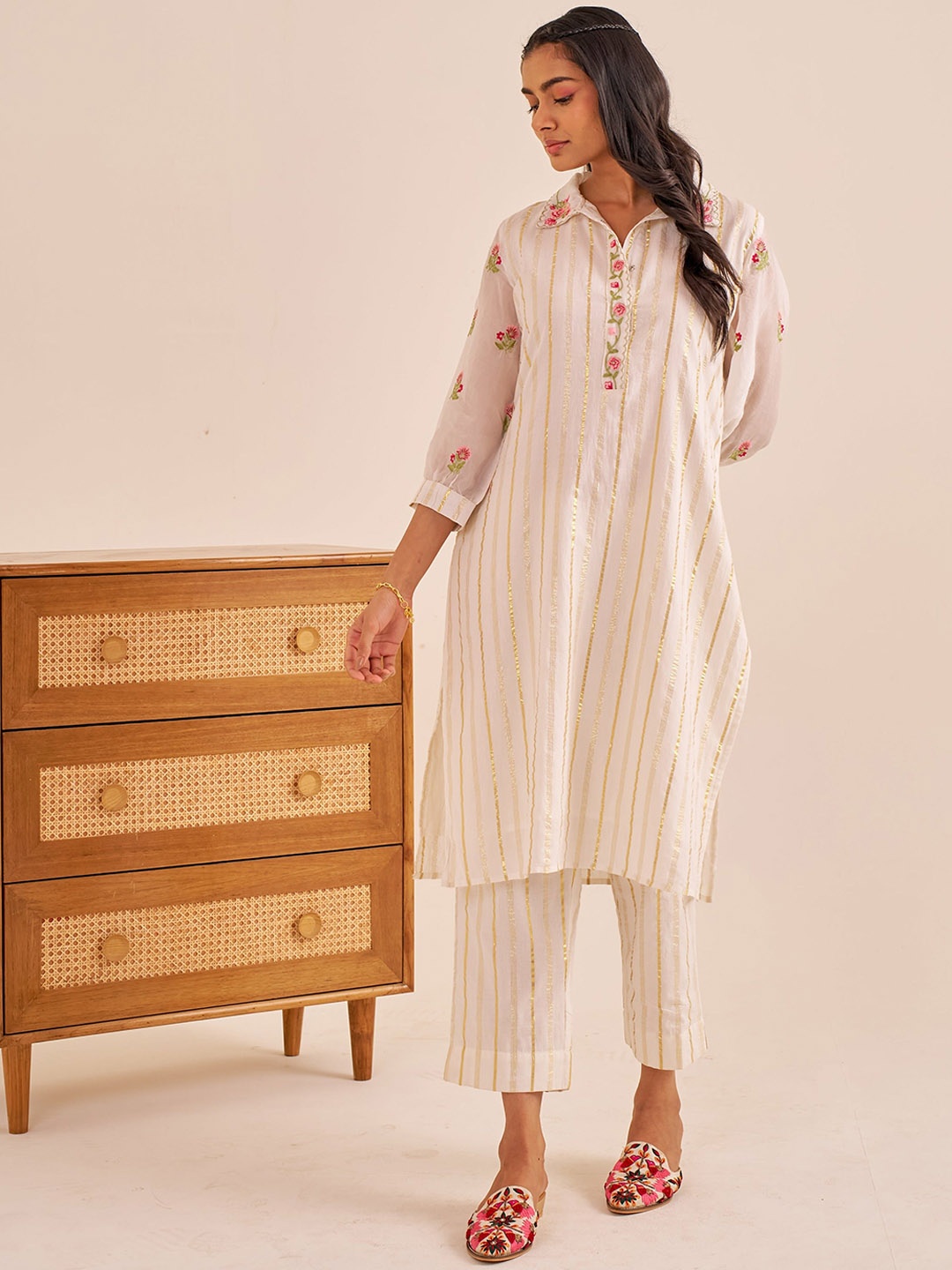 

Alaya By Stage3 Striped Thread Work Detailed Pure Cotton Straight Kurta With Trouser, White