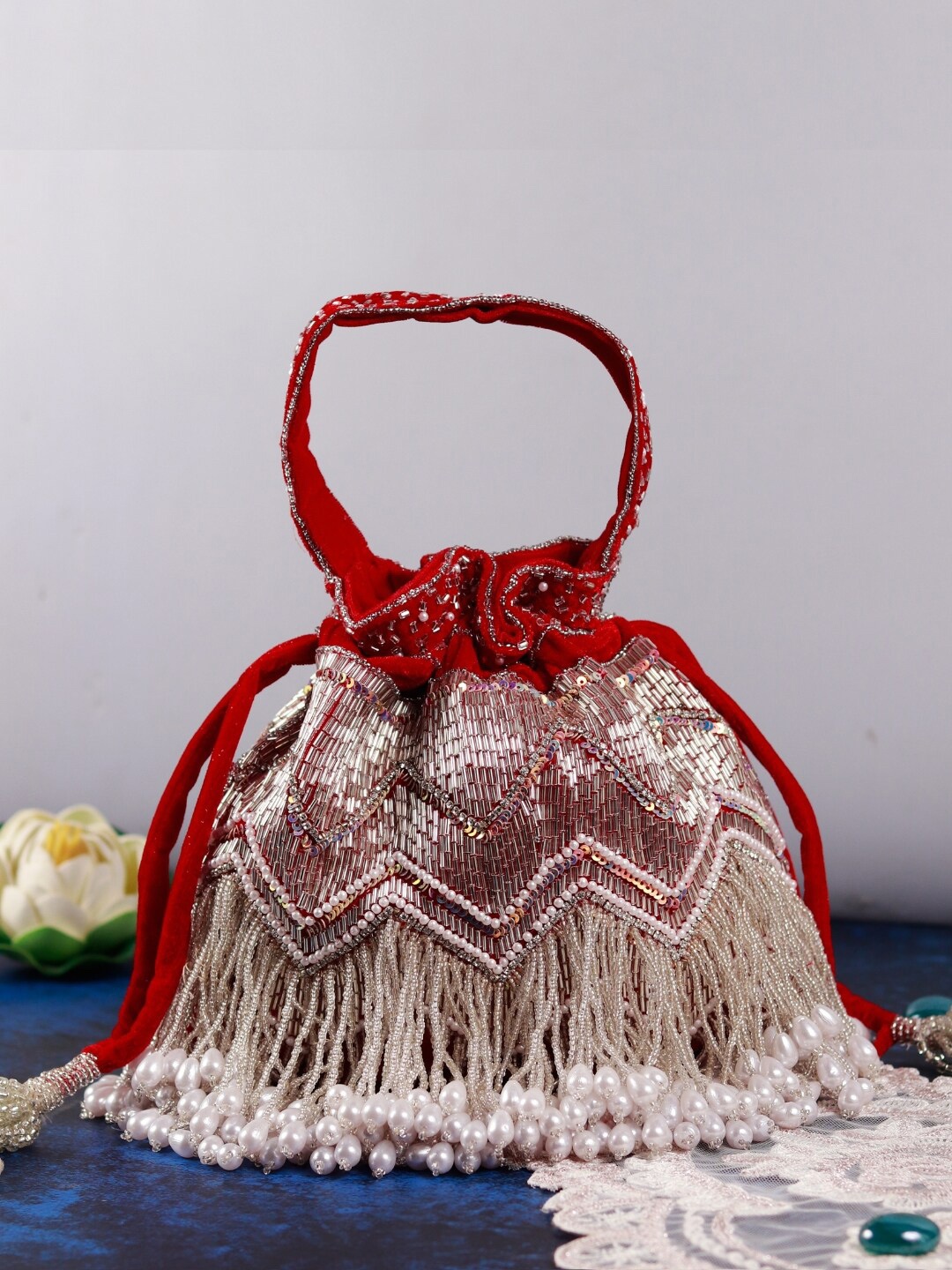 

THE TAN CLAN Embroidered Tasselled Potli Clutch, Red