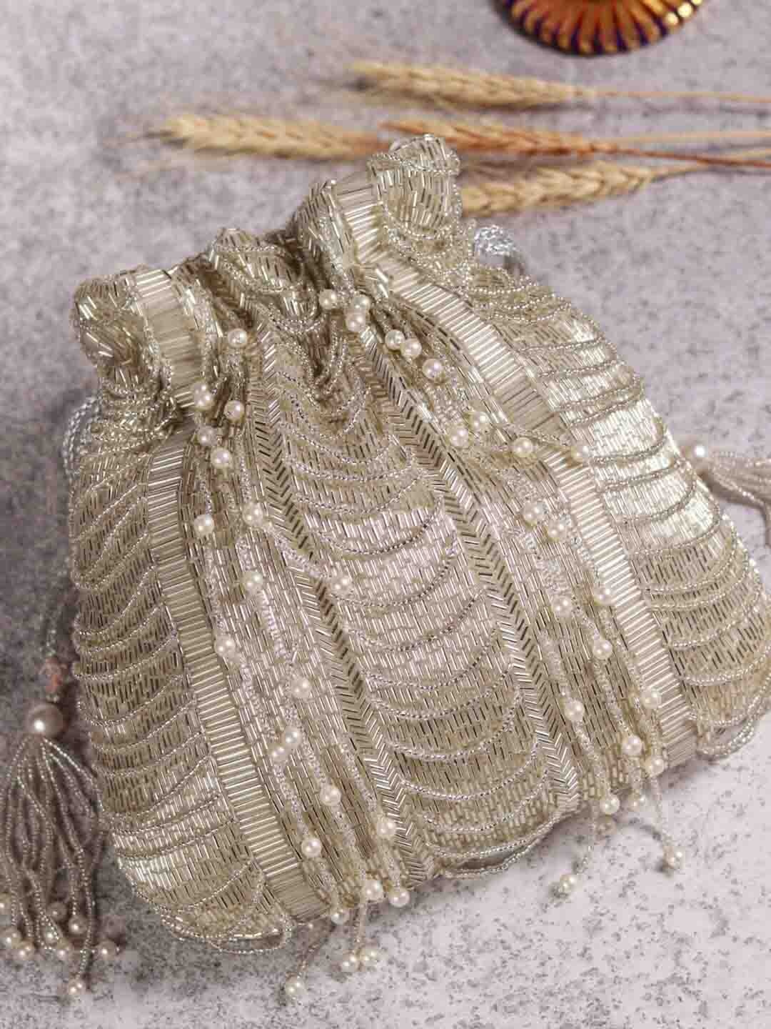 

THE TAN CLAN Embroidered Potli Clutch, White