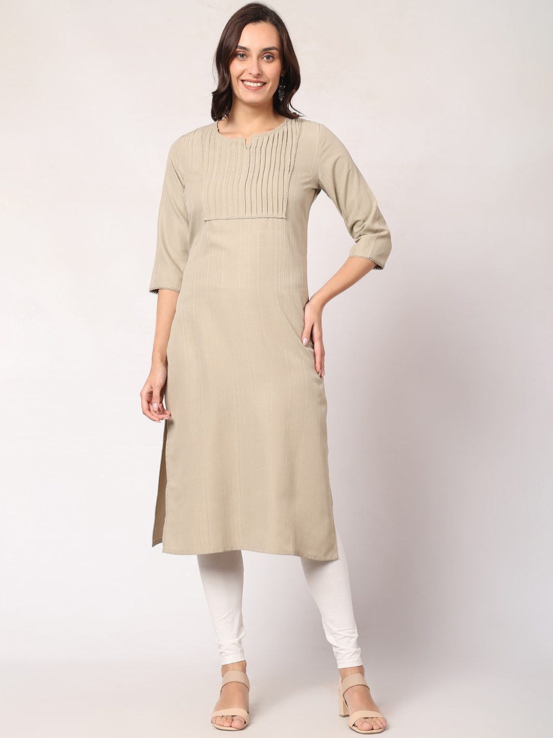

GOCHIKKO Striped Notch Neck Straight Kurta, Khaki