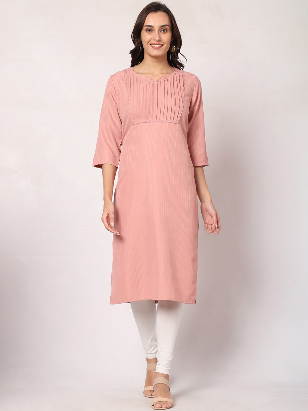 

GOCHIKKO Striped Pleated Round Neck Cotton Straight Kurta, Peach