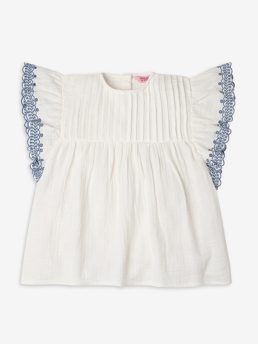 

R&B Girls Flutter Sleeves Ruffled Cotton Top, White
