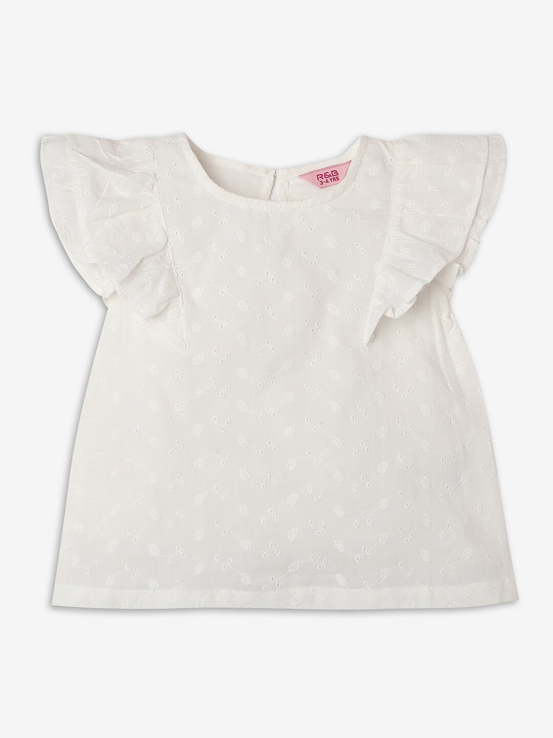 

R&B Girls Self Design Flutter Sleeves Ruffled Cotton Top, White