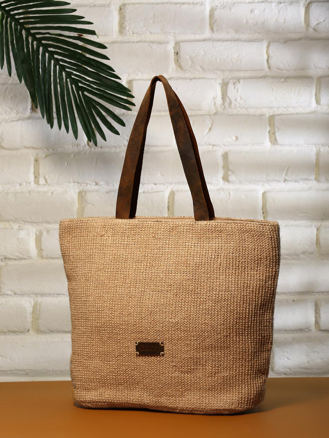 

Fabindia Self Design Jute Tote Bag with Zip Detail, Beige