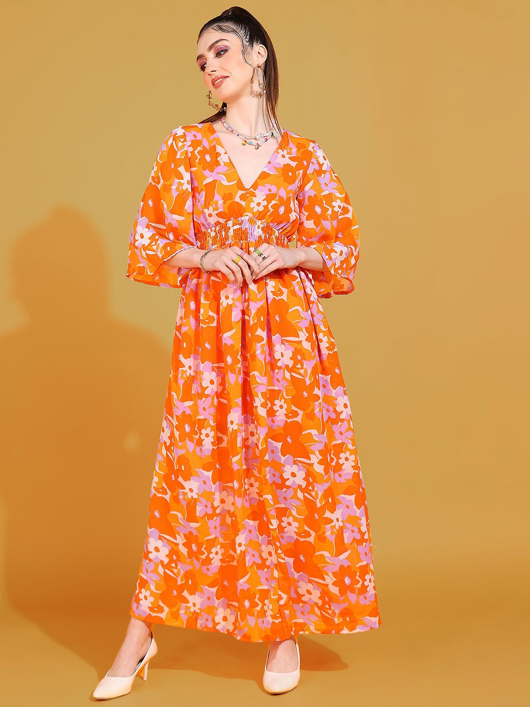 

DODO & MOA Orange Floral Printed V-Neck Flared Sleeve Smocked Georgette Maxi Dress