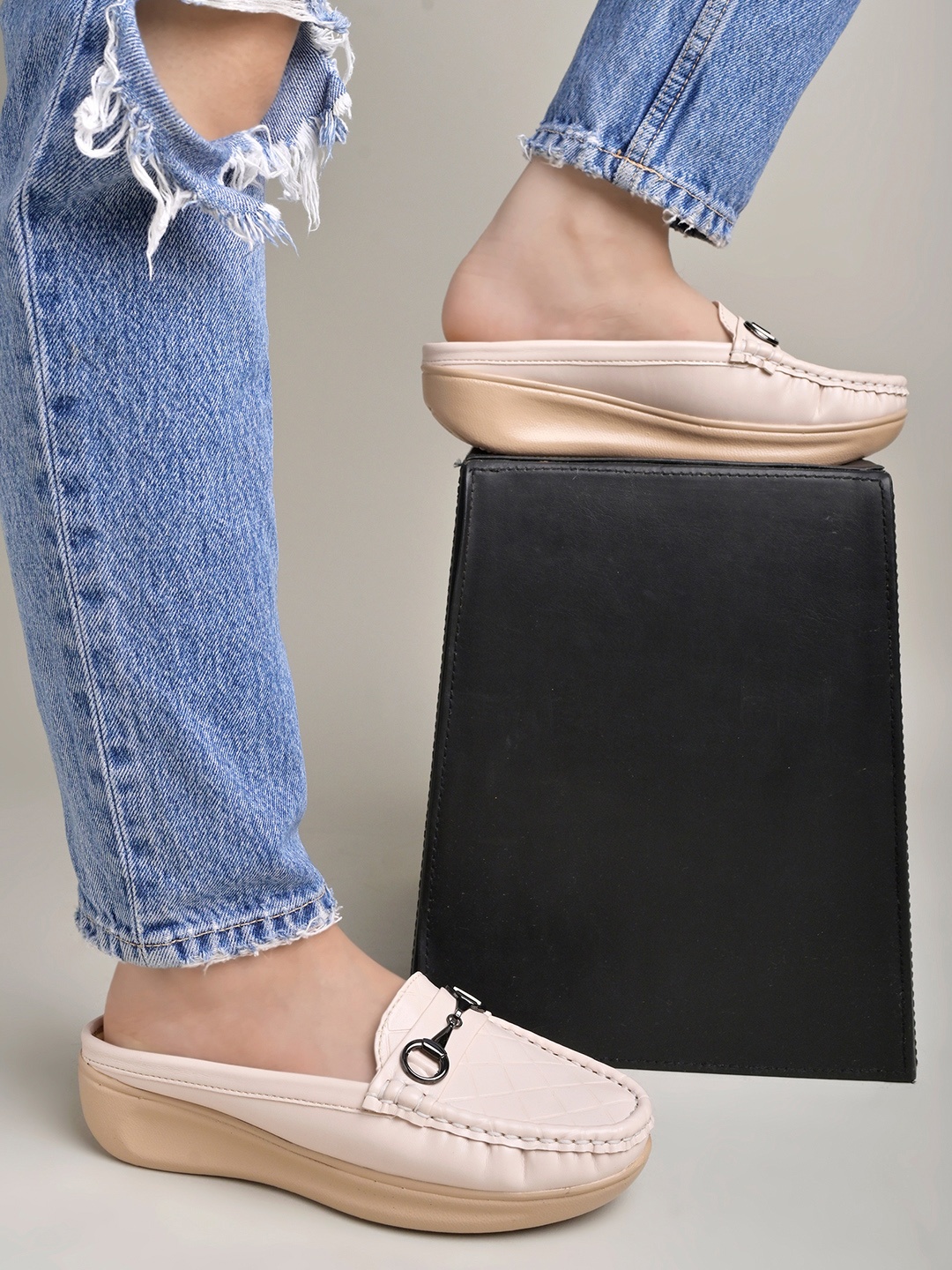 

Shoetopia Textured Horsebit Loafers, Cream