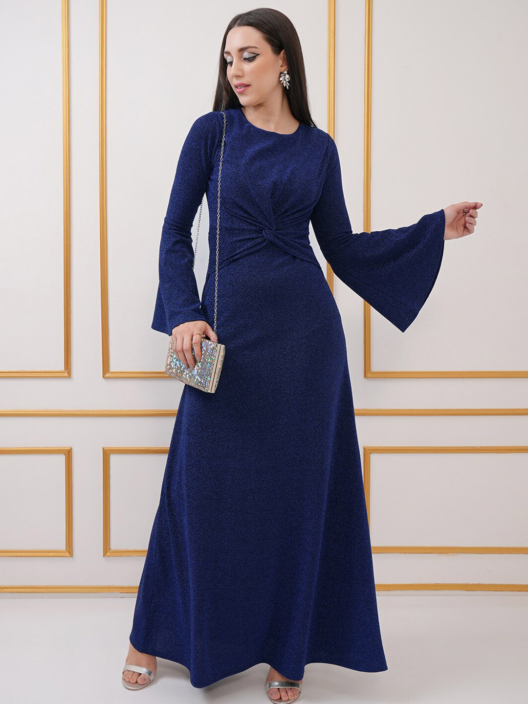 

Tokyo Talkies Shimmer Bell Sleeve Knot Detail Maxi Dress, Blue