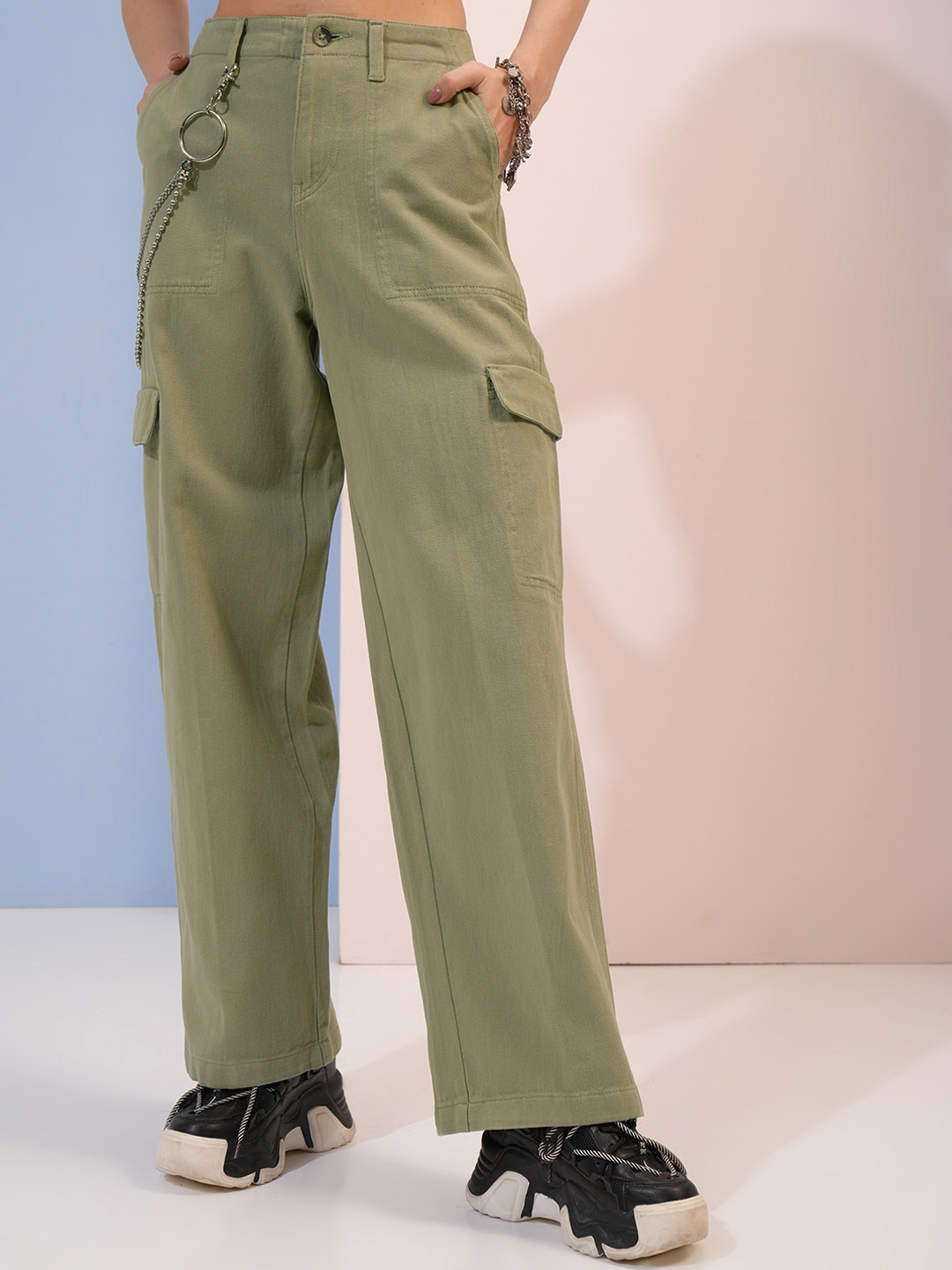 

Tokyo Talkies Women Green Flared High-Rise Cotton Cargos Trousers