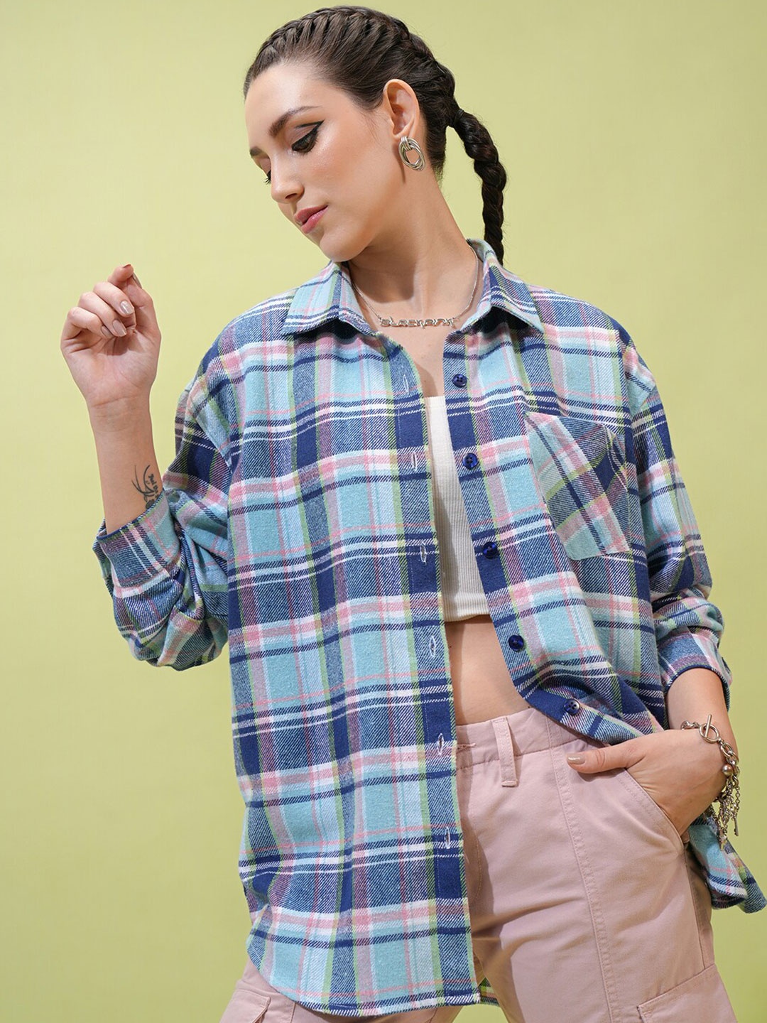 

Tokyo Talkies Women Checked Longline Oversized Shirt, Blue