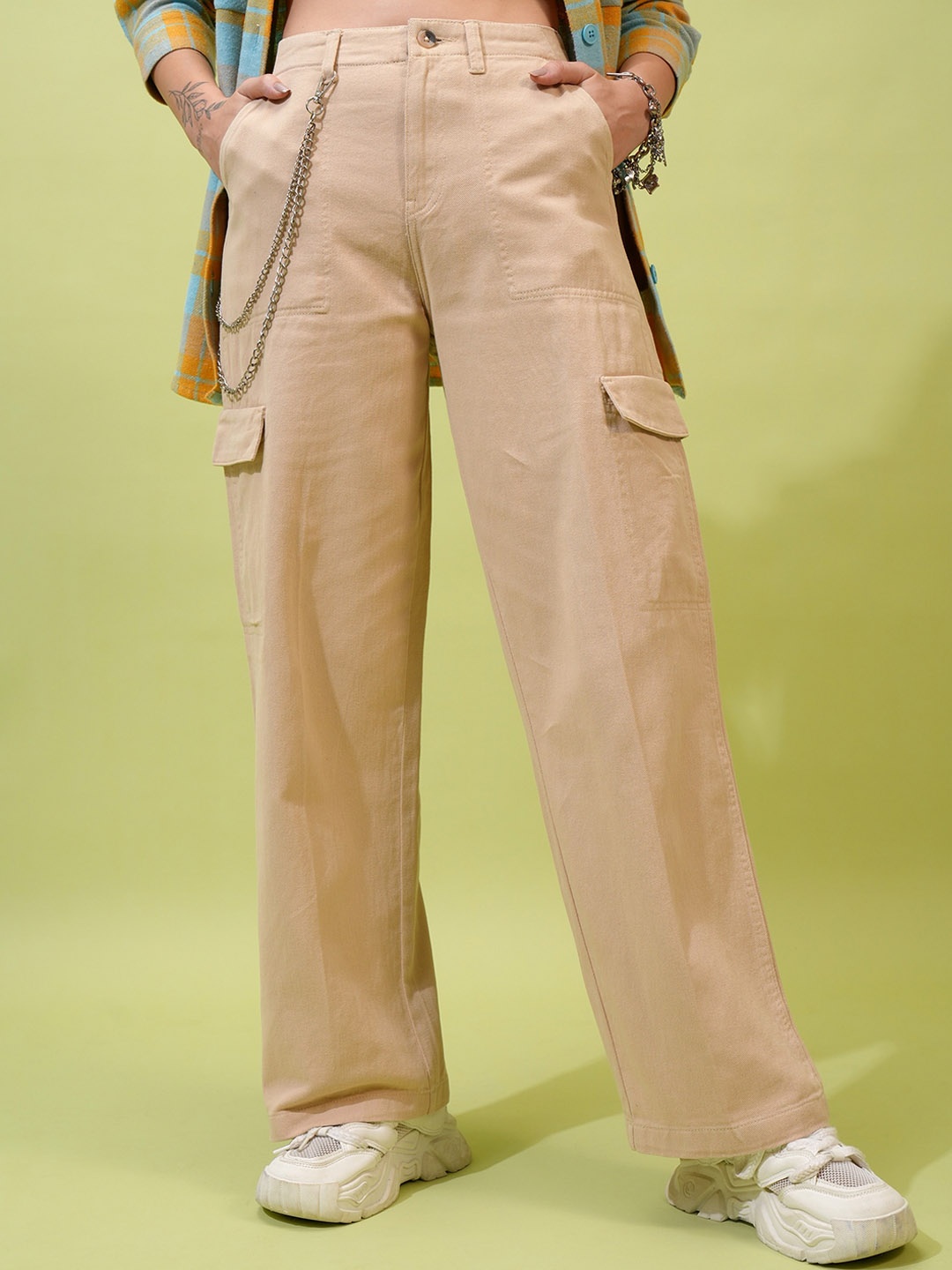 

Tokyo Talkies Women Khaki Coloured Flared Cotton Cargos Trousers