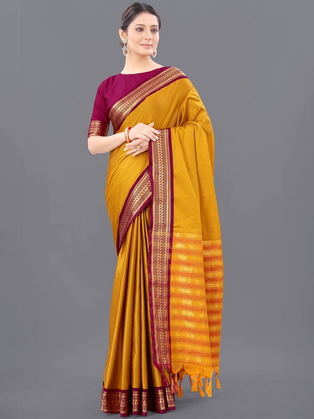 

Supalee Tex Woven Design Zari Silk Cotton Kanjeevaram Saree, Mustard