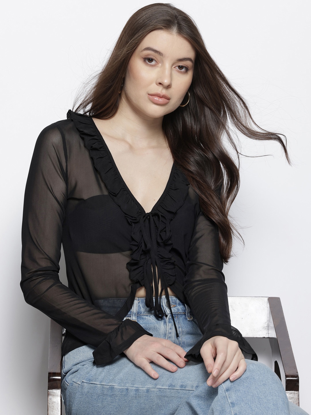 

NA-KD Tie-Up Neck Flutter Sleeve Ruffles Net Top, Black