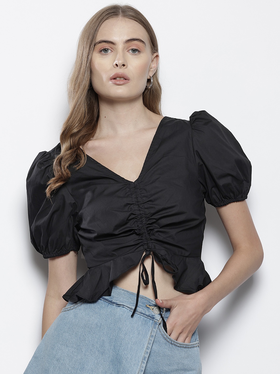 

NA-KD Ruched Cotton Crop Top, Black