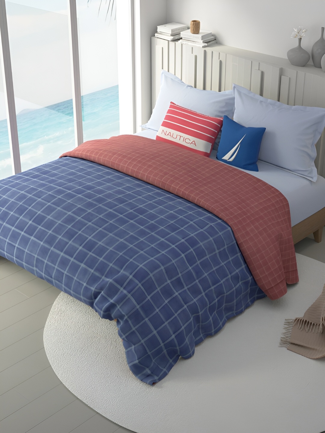 

Nautica Blue & Coral Checked AC Room 120 GSM Double Bed Comforter