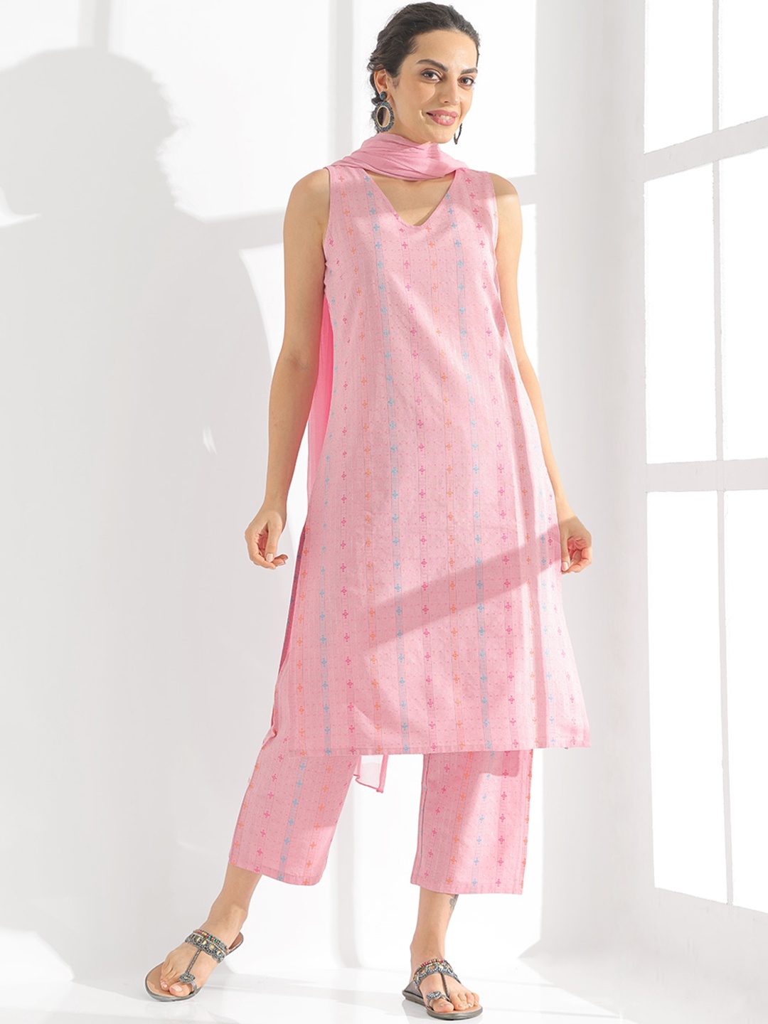 

Anouk Ethnic Motifs Printed Regular Pure Cotton Kurta With Trousers & Dupatta, Pink
