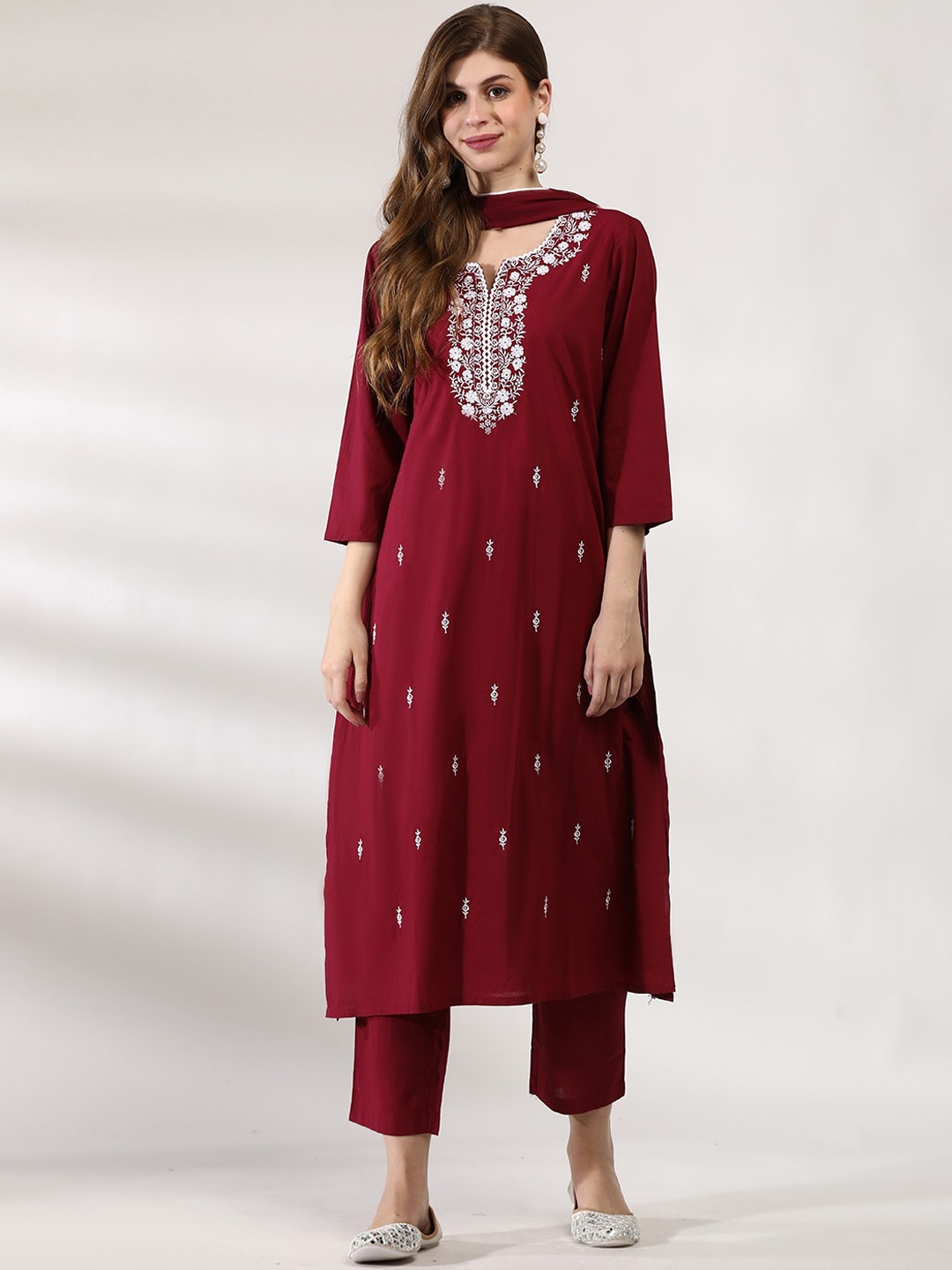 

Anouk Maroon Ethnic Motifs Embroidered Pure Cotton Kurta With Trousers & Dupatta