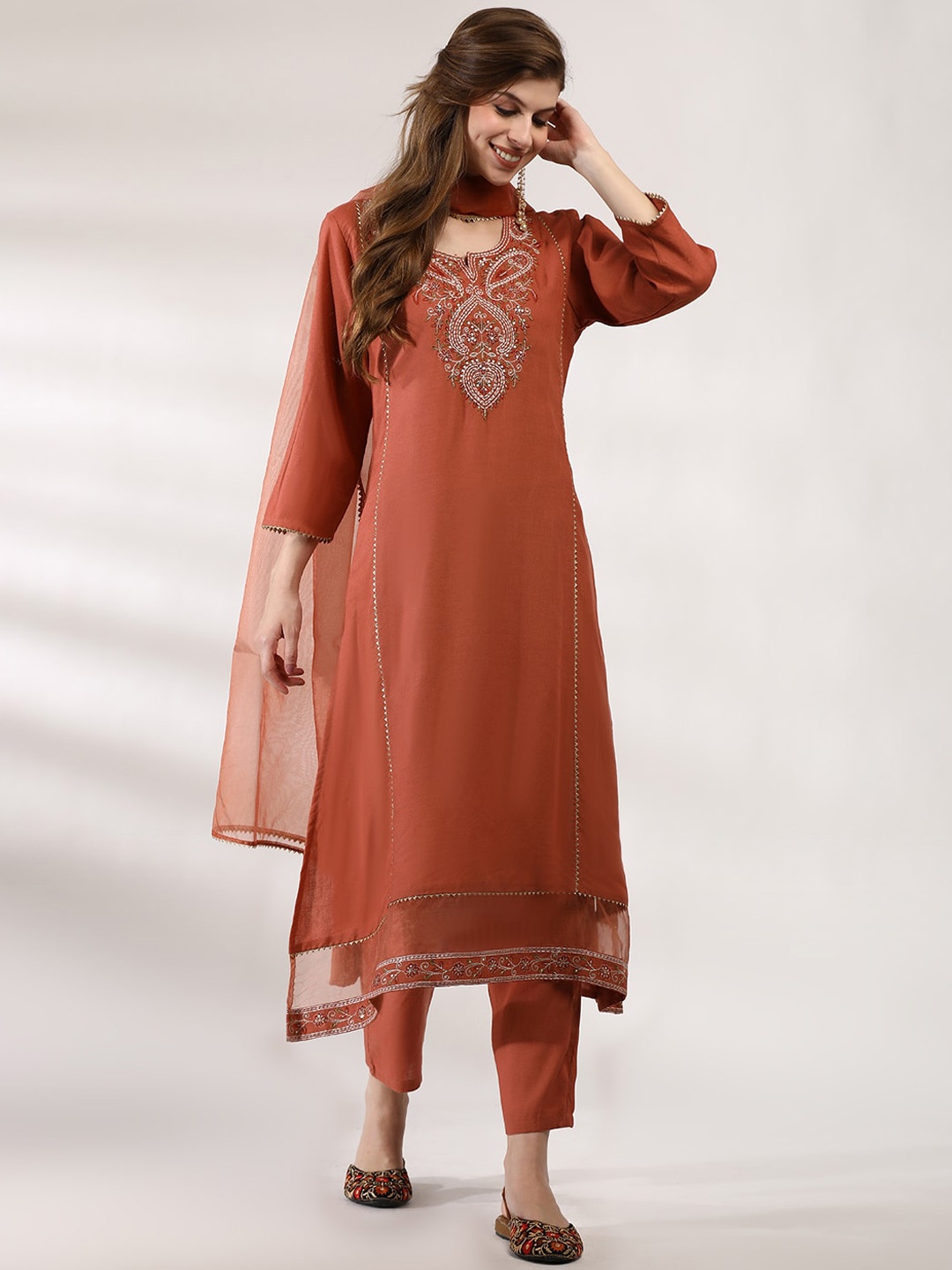 

Anouk Brown Floral Embroidered Thread Work Straight Kurta With Trousers & Dupatta