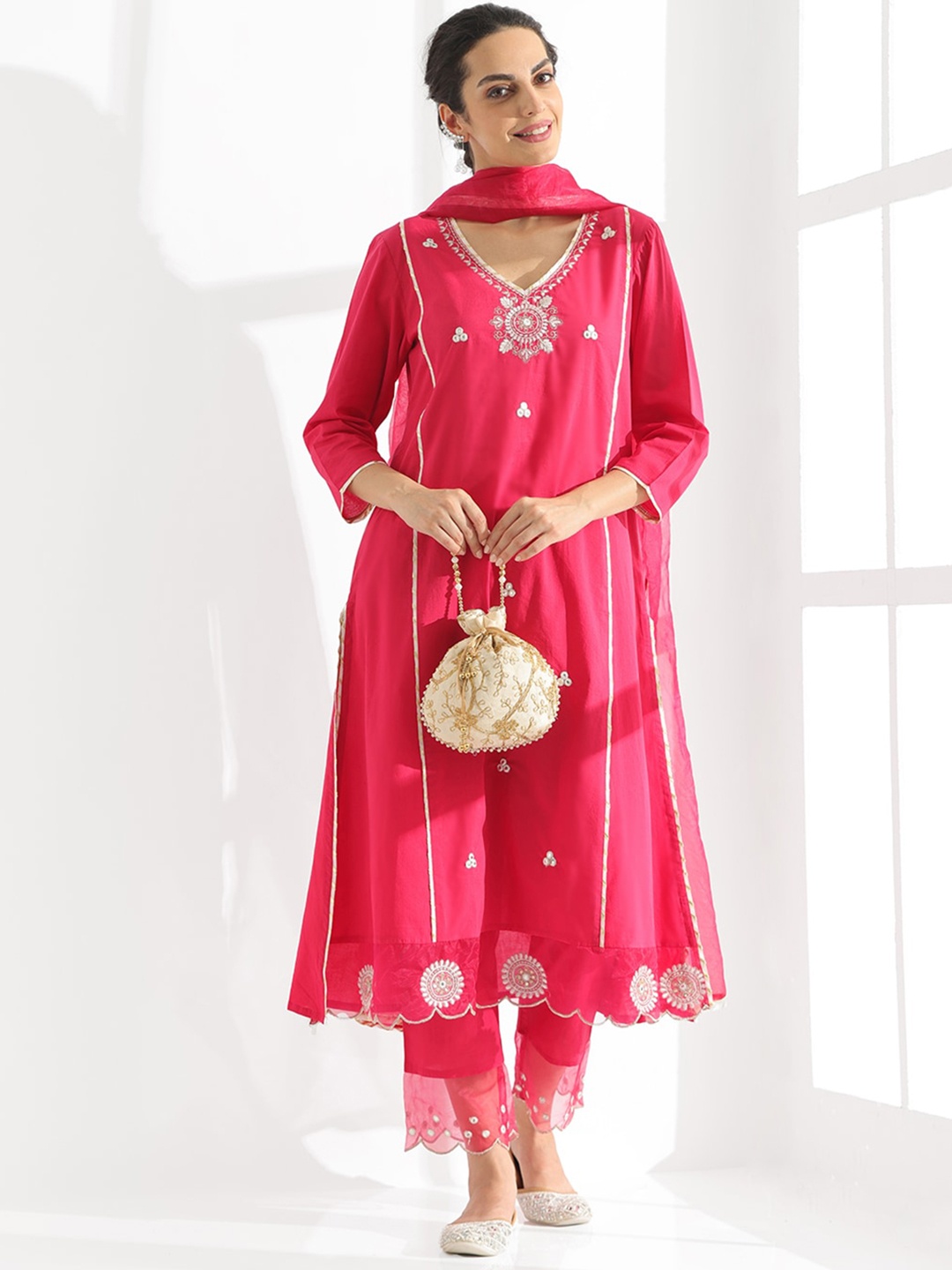 

Anouk Pink Ethnic Motifs Embroidered Thread Work A-Line Kurta & Trouser With Dupatta, Fuchsia